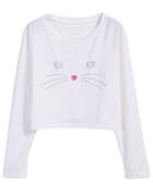 Romwe Cat Embroidery White Crop Sweatshirt