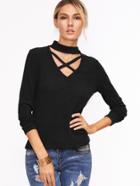 Romwe Crisscross Choker Neck Ribbed T-shirt