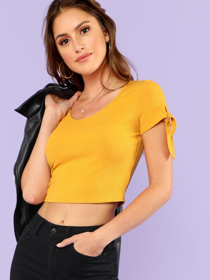Romwe Knot Cuff Crop Ribbed Tee