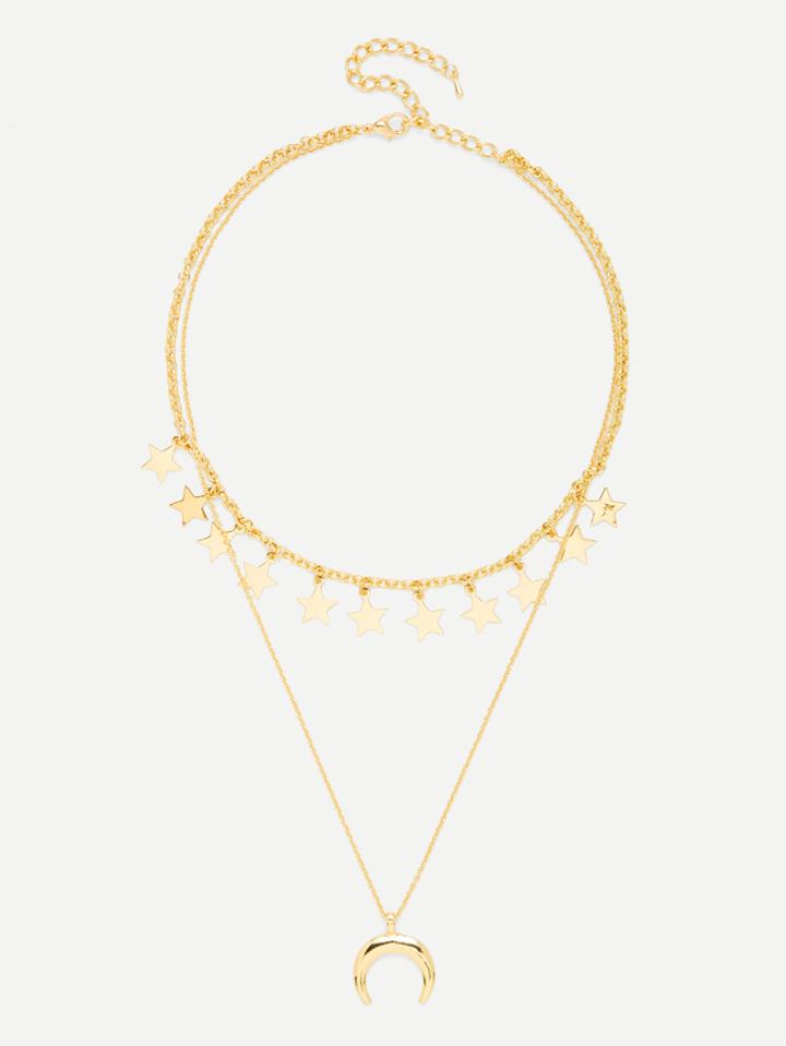 Romwe Moon Pendant Link Necklace With Star Charm