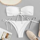Romwe Lace-up Bandeau With Tie Side Bikini Set