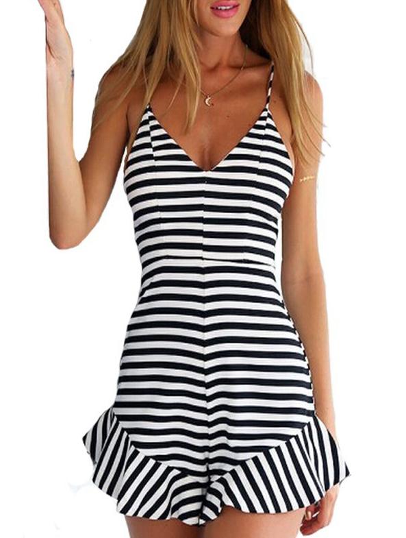 Romwe V Neck Striped Peplum Hem Romper