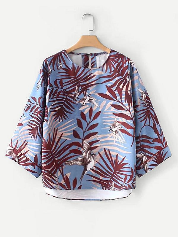 Romwe Jungle Print Step Hem Blouse