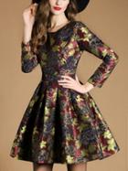 Romwe Multicolor Round Neck Long Sleeve Jacquard Dress