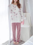 Romwe Flamingo Print Plush Pullover & Pants Pj Set