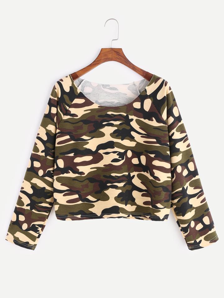 Romwe Camouflage Print Raglan Sleeve T-shirt