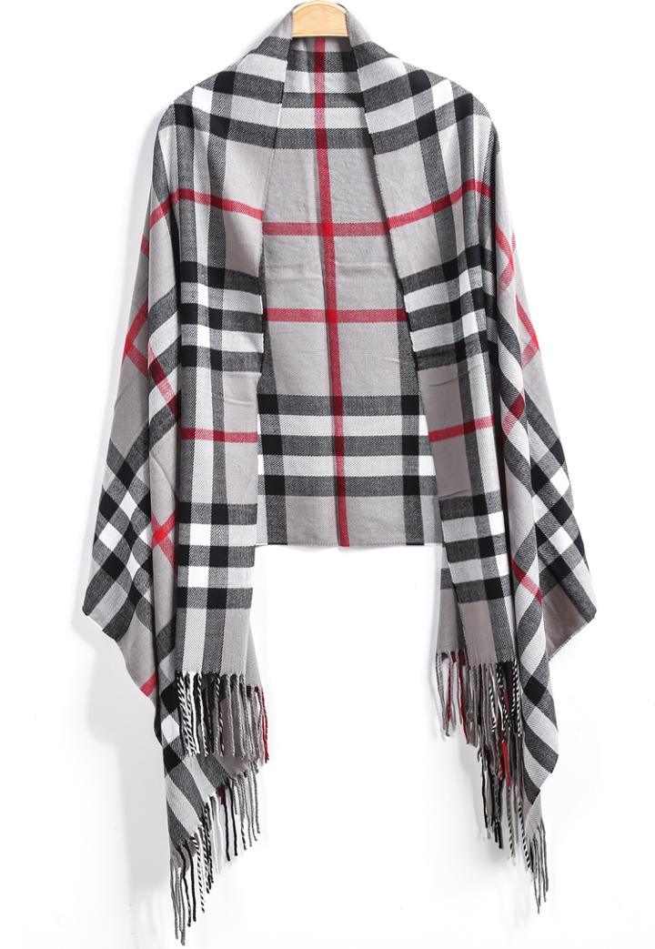 Romwe Grey Plaid Tassel Scarves