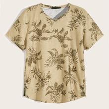 Romwe Guys Tropical Print Slit Hem Tee