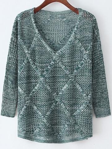 Romwe V Neck Open-knit Diamond Green Sweater