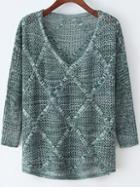 Romwe V Neck Open-knit Diamond Green Sweater