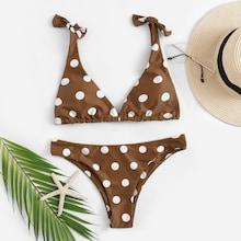 Romwe Self Tie Shoulder Polka Dot Bikini Set
