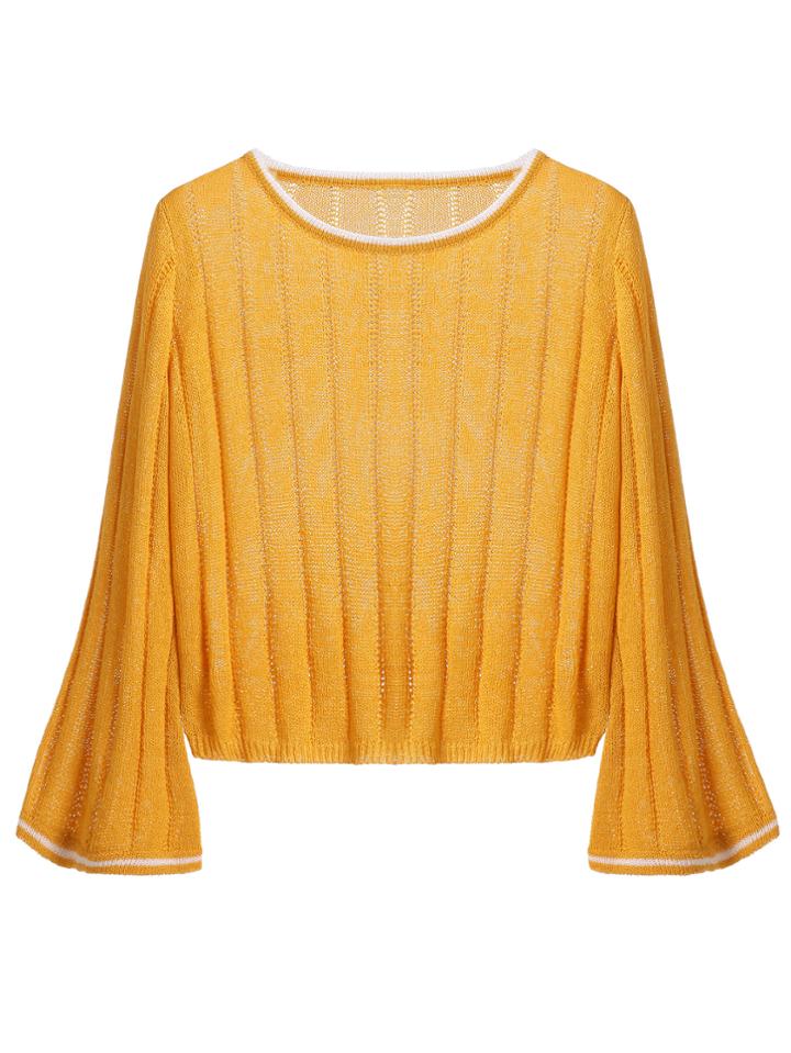 Romwe Ginger Contrast Trim Ribbed Crop Sweater