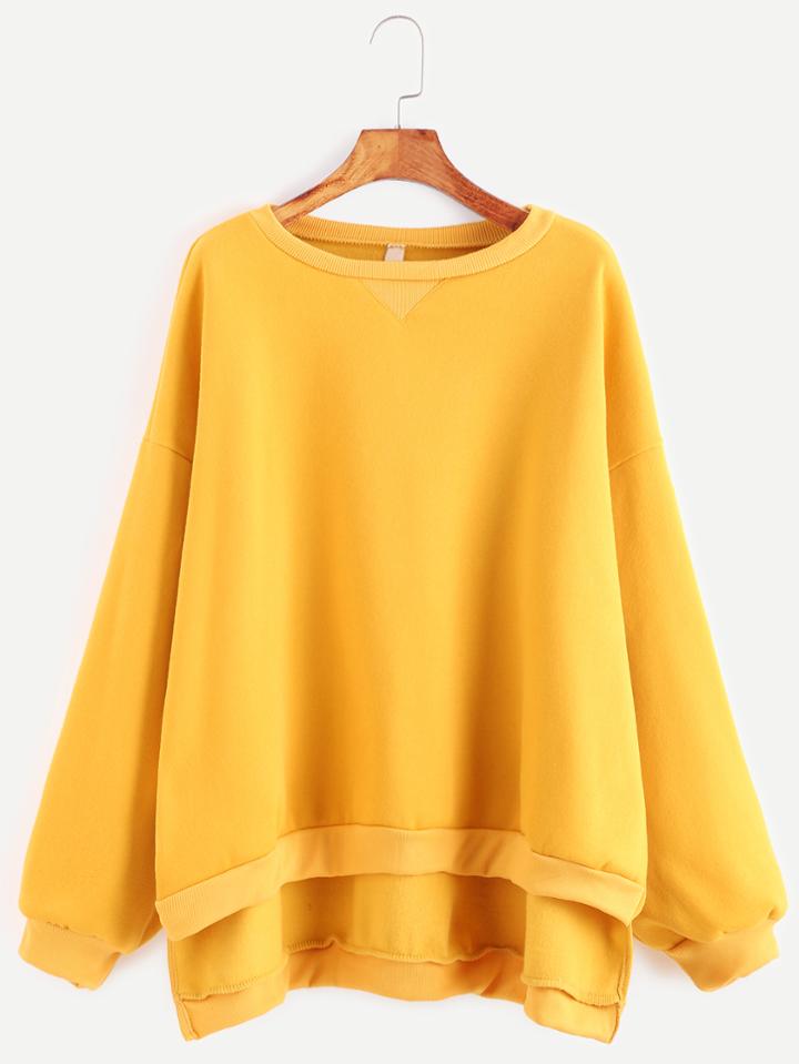 Romwe Yellow Dropped Shoulder Seam High Low Sweatshirt