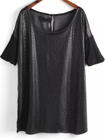 Romwe Pu Insert Hollow T-shirt