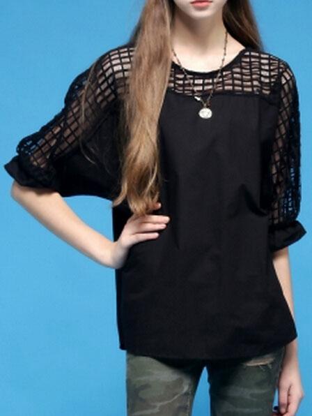 Romwe Bat Sleeve Hollow Black Top