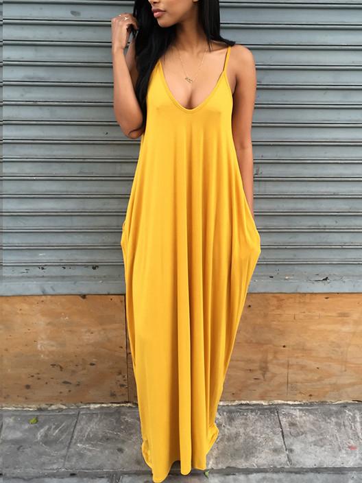 Romwe Scoop Neck Side Pocket Loose-fit Maxi Dress - Yellow