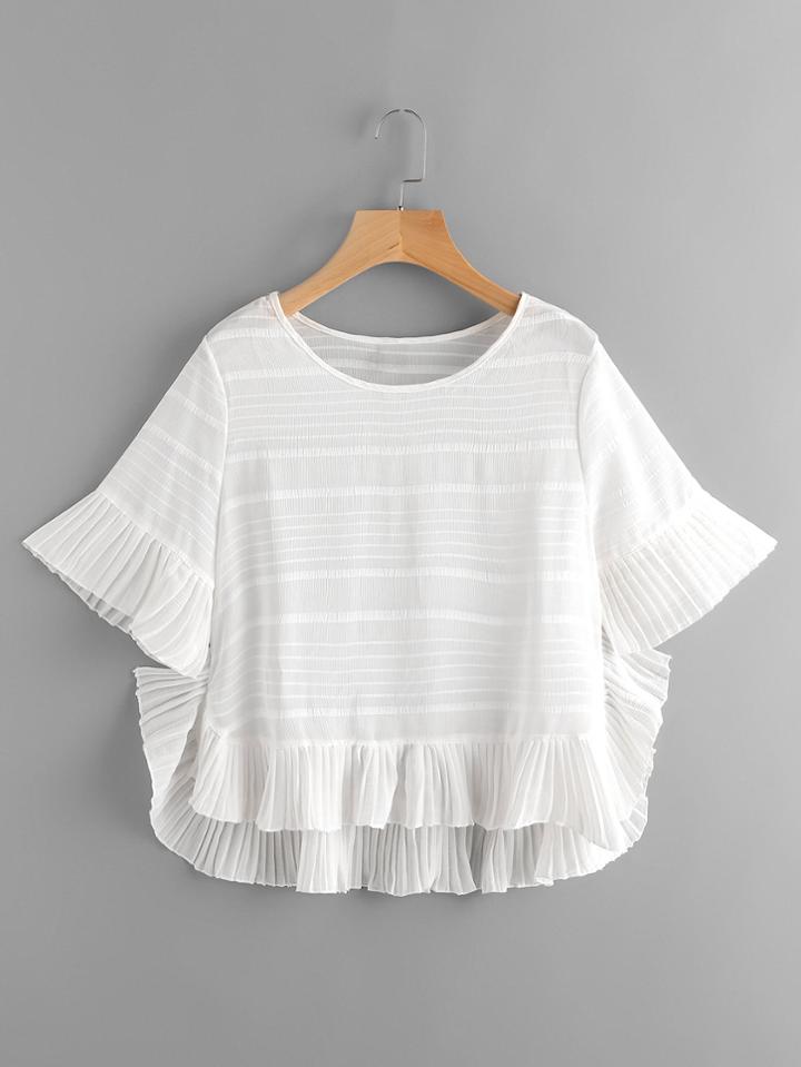 Romwe Pleated Frill Trim Dip Hem Blouse