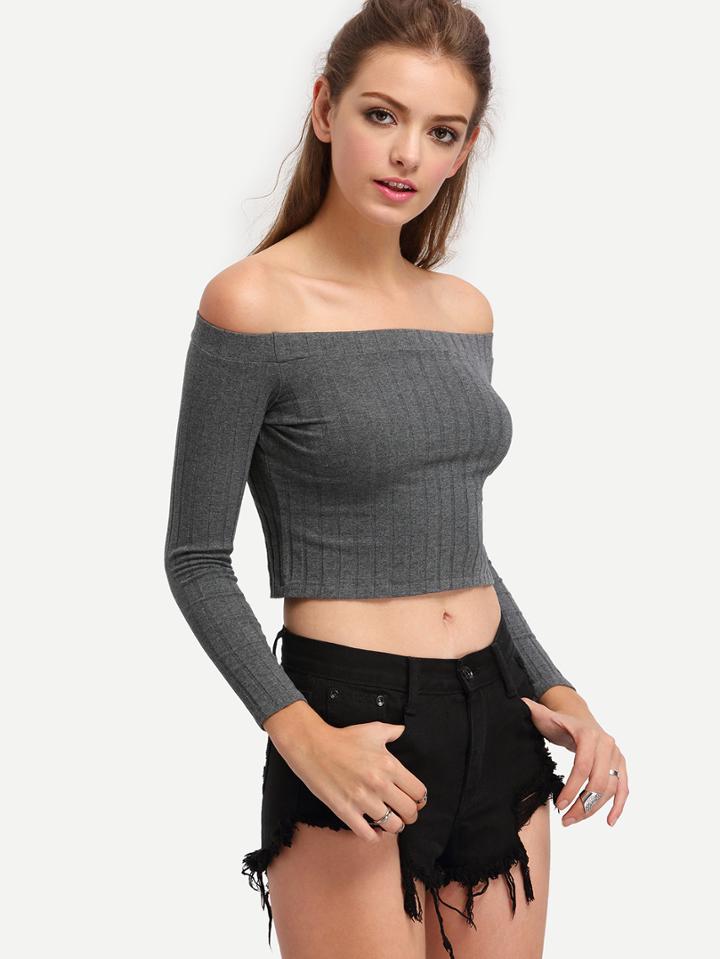 Romwe Off-the-shoulder Ribbed Long Sleeve Top - Grey
