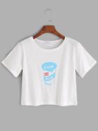 Romwe White Print Crop T-shirt