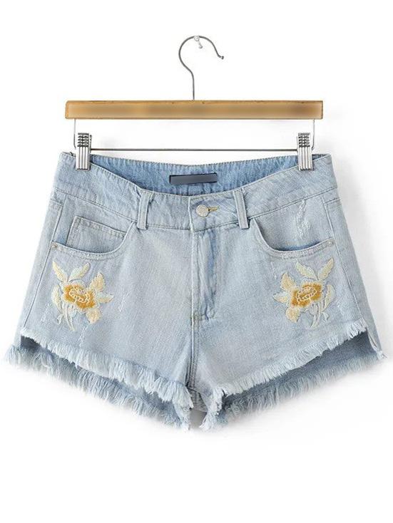 Romwe Blue Pockets Embroidery Fringe Trim Denim Shorts