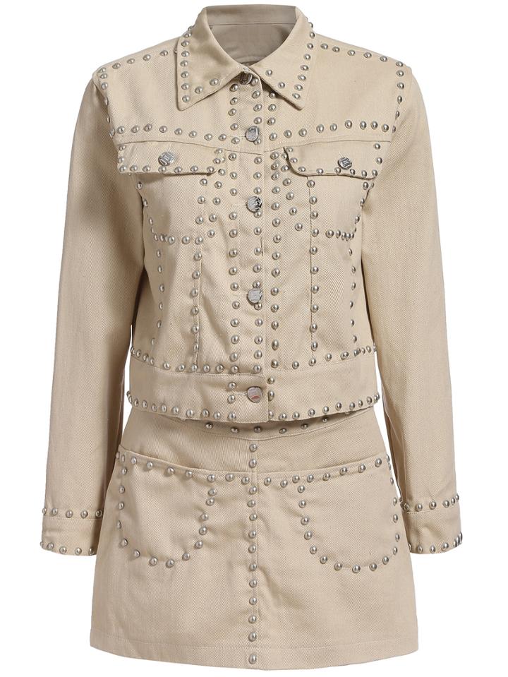 Romwe Lapel Pockets Bead Top With Denim Skirt