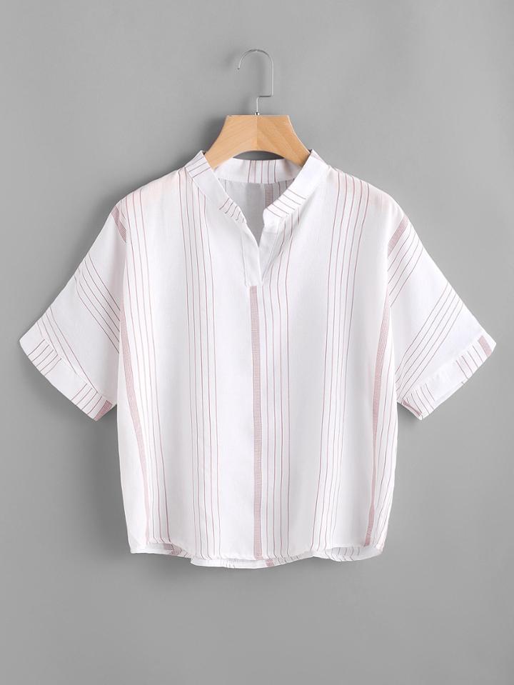 Romwe Stand Collar Striped Blouse