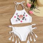 Romwe Flower Print Halter Top With Tie Side Bikini Set