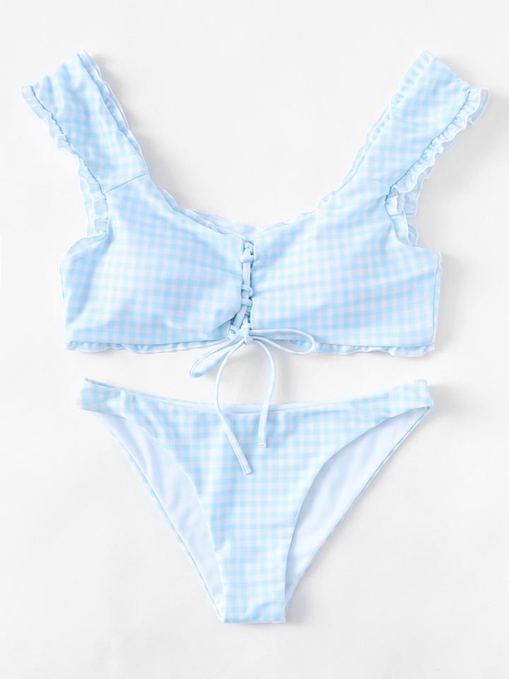 Romwe Lace Up Gingham Bikini Set