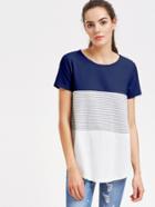 Romwe Curved Hem Cut And Sew Striped Tee