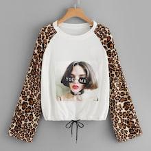 Romwe Leopard Panel Drawstring Hem Sweatshirt