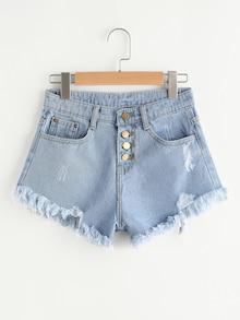 Romwe Plus Distress Fray Hem Single-breasted Denim Shorts