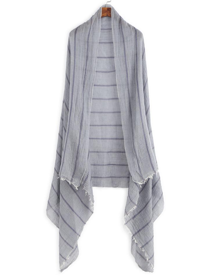 Romwe Dusty Blue Stripe Pleated Raw Edge Voile Scarf