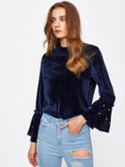 Romwe Pearl Beading Tiered Bell Cuff Ribbed Velvet Top