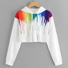 Romwe Paint Drip Print Raw Hem Crop Hoodie