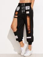Romwe Black Embroidered Patches Cut Out Drawstring Pants