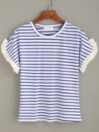Romwe Blue White Striped Ruffle Trimed Sleeve T-shirt