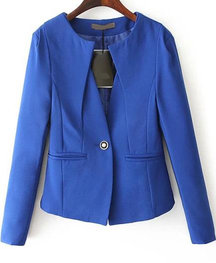 Romwe Pockets Crop Fitted Blue Blazer