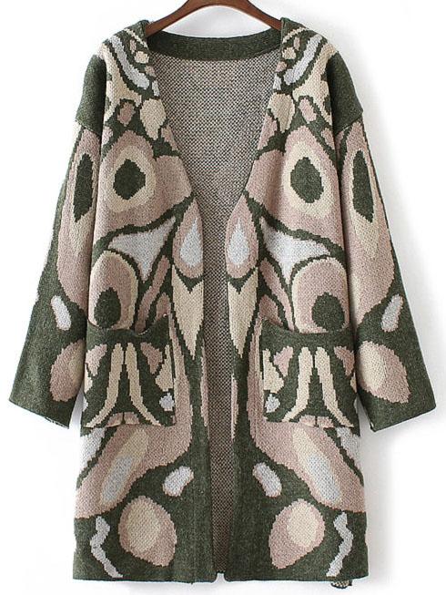 Romwe Green Abstract Pattern Collarless Drop Shoulder Long Cardigan