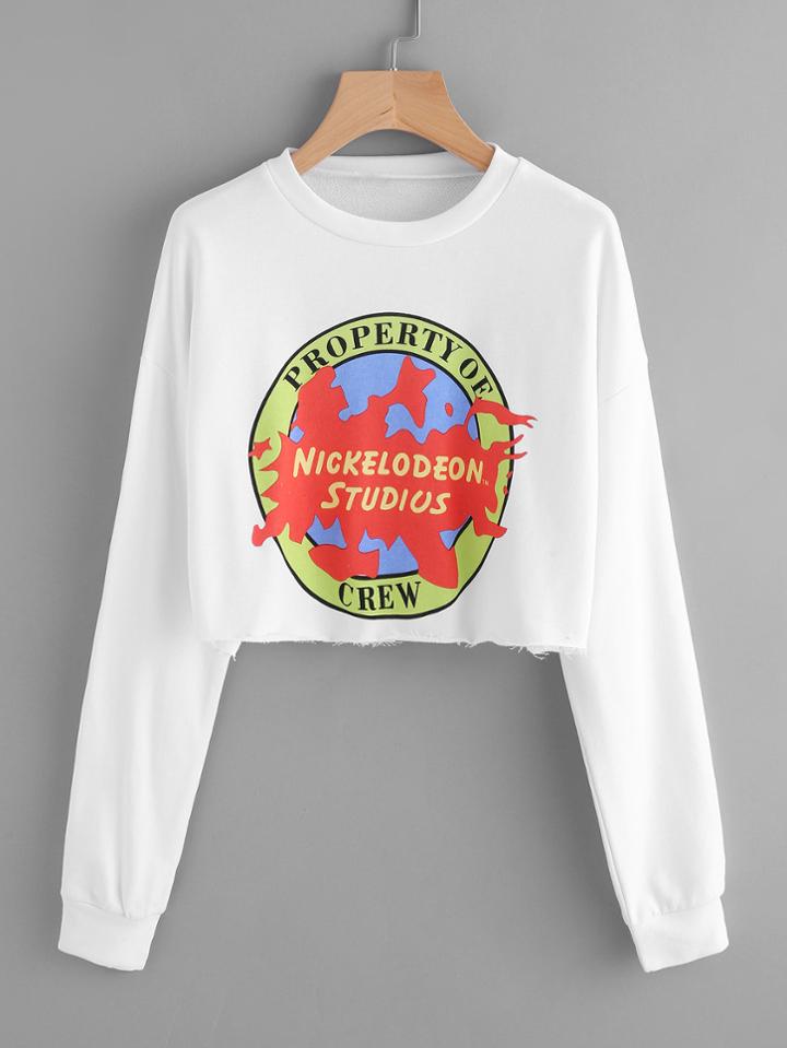Romwe Graphic Print Raw Hem Crop Sweatshirt