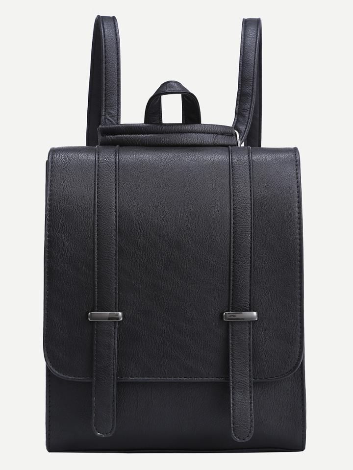 Romwe Dual Buckled Strap Flap Backpack - Black