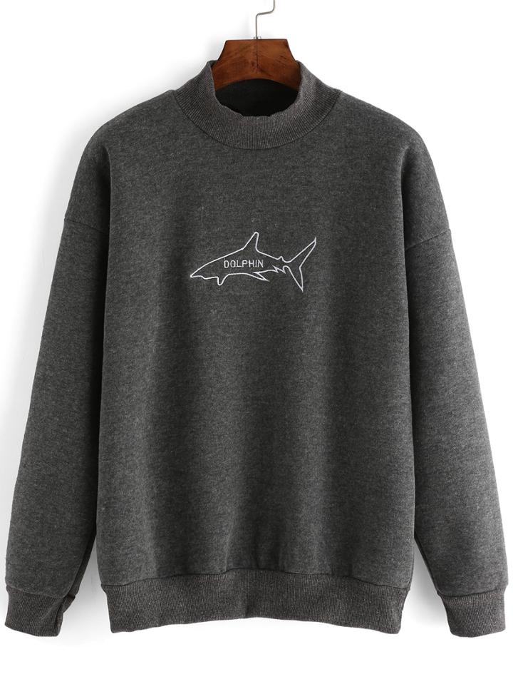 Romwe Mock Neck Shark Embroidered Sweatshirt