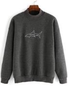 Romwe Mock Neck Shark Embroidered Sweatshirt