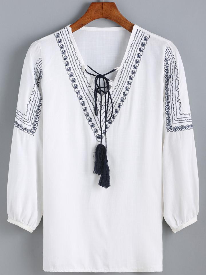 Romwe V Neck Tie Embroidered Top