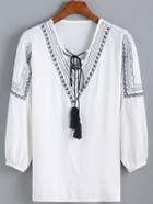 Romwe V Neck Tie Embroidered Top