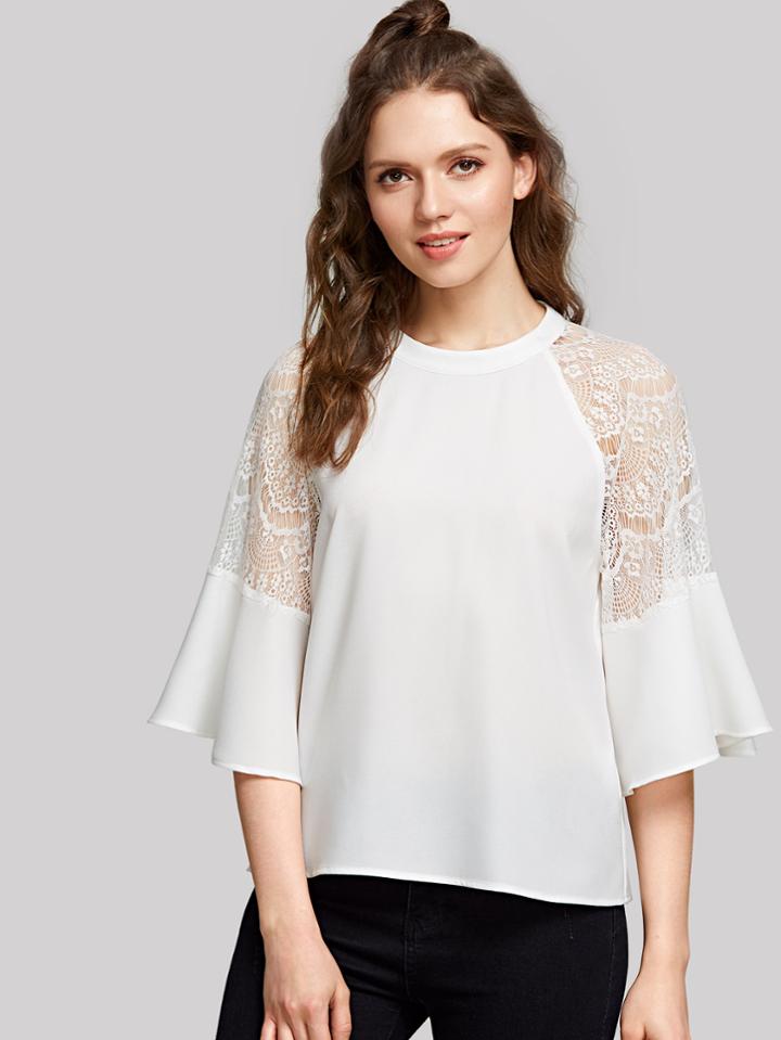 Romwe Lace Panel Flounce Sleeve Zip Back Top