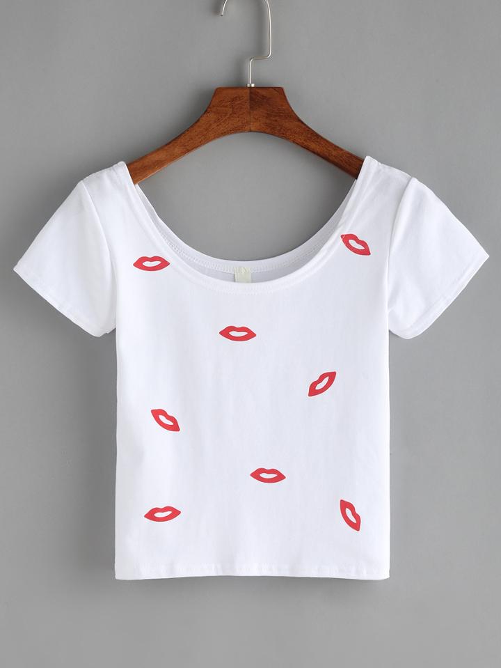 Romwe Scoop Neck Lipstick Print White T-shirt