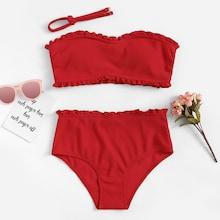 Romwe Frill Trim Bandeau With High Waist Bikini Set