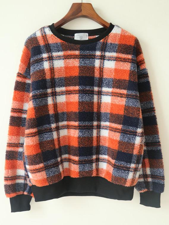 Romwe Round Neck Plaid Orange Sweatshirt