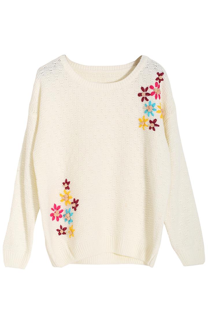 Romwe Flower Stitching White Jumper