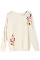 Romwe Flower Stitching White Jumper